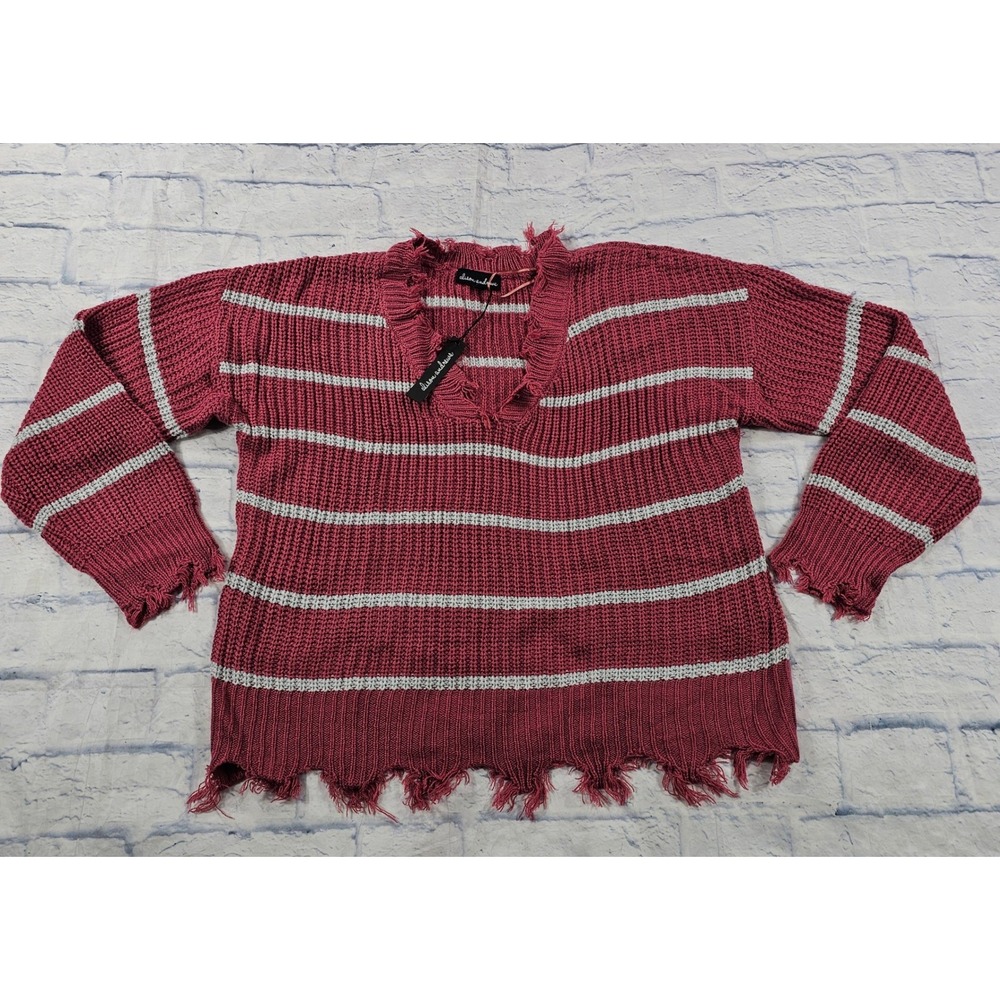 Alison Andrews Distressed Sweater Women L Red Striped Frayed V-Neck